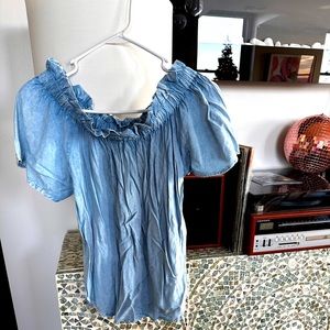 Off the shoulder adorable denim color top. Thin in nature.
